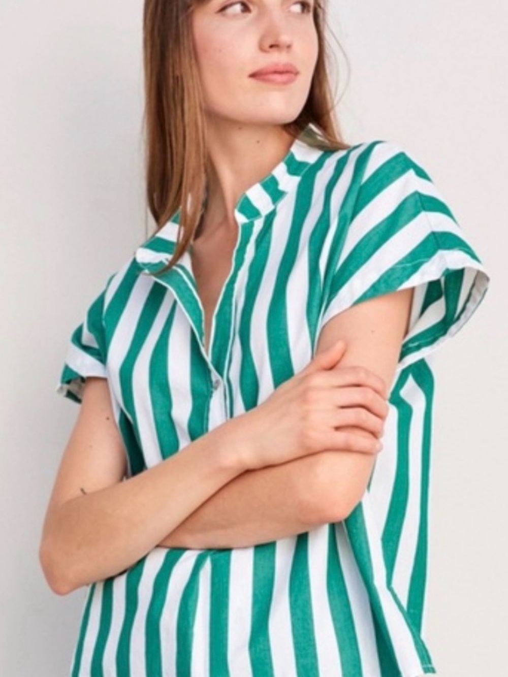 Sundry Green and White Vertical Stripe Button-Down Top